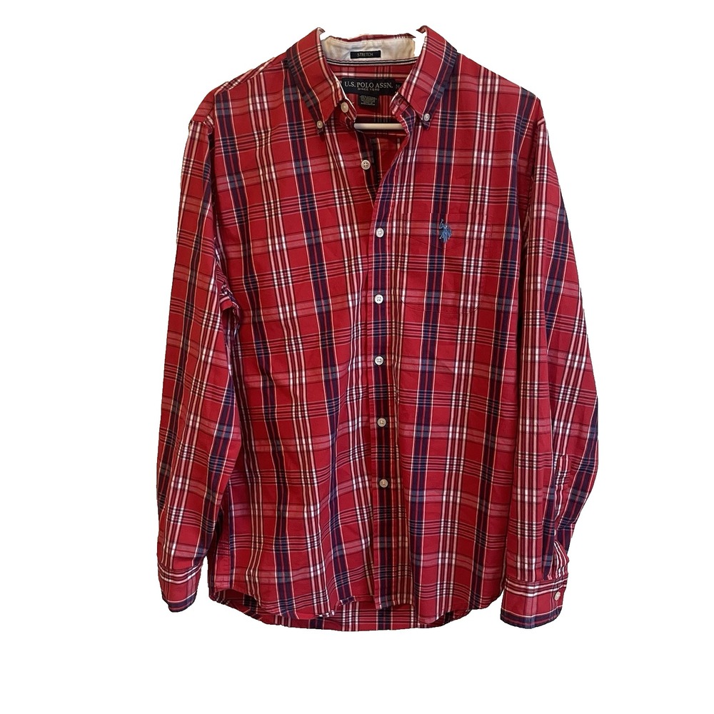 U.S. Polo Assn. Plaid Button Down Mens Medium‎ Red Stretch Excellent Long Sleeve